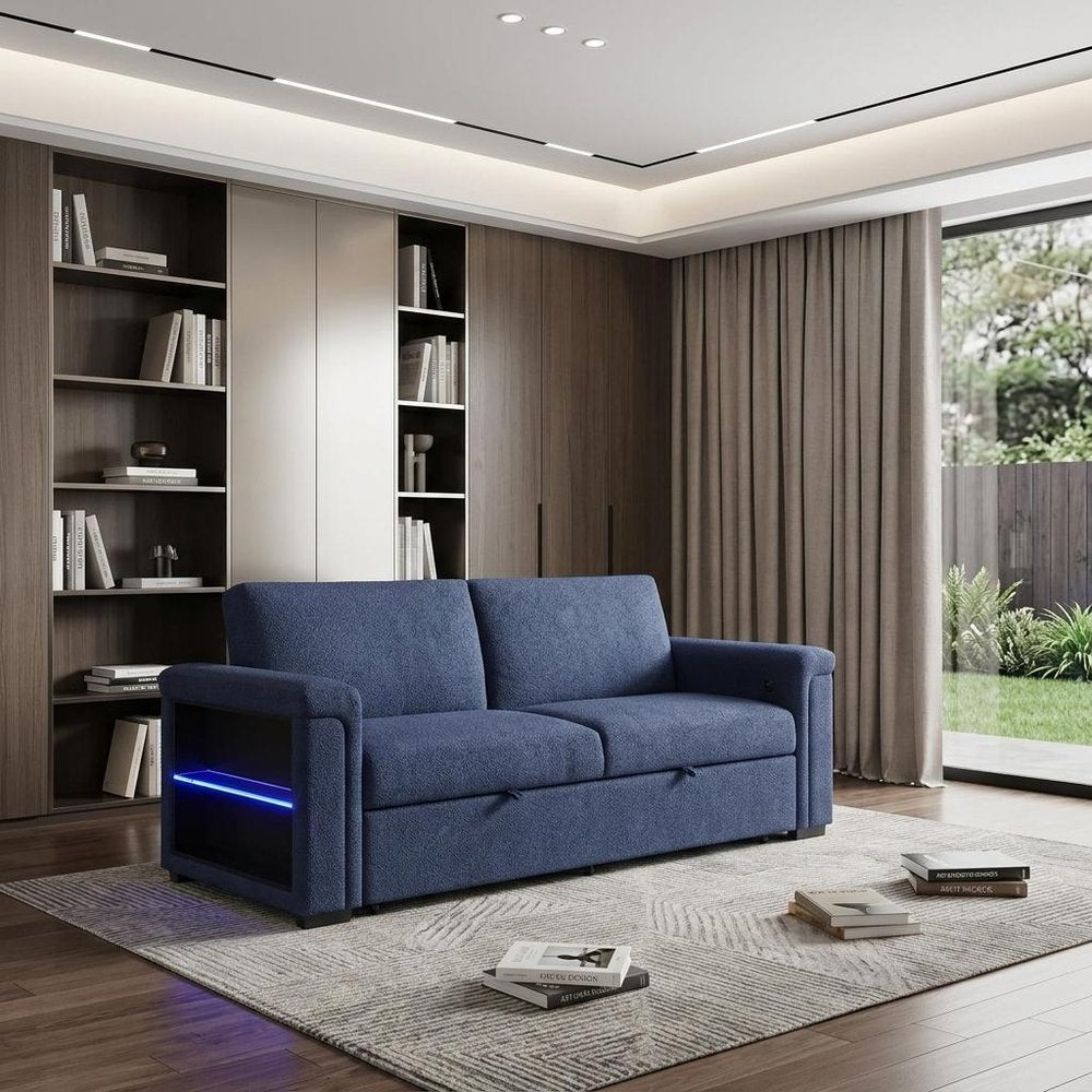 85" Navy Blue Upholstered USB Sleeper Sofa With Toss Pillows And Storage