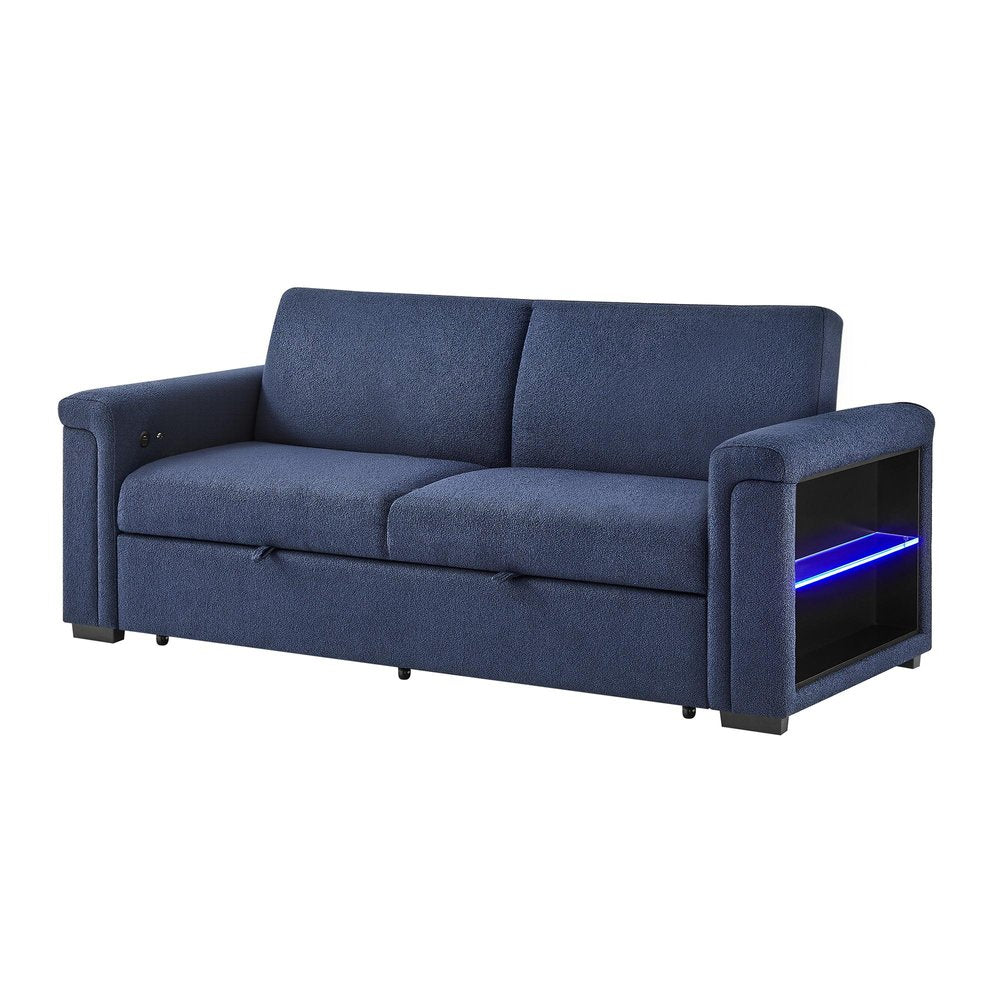 85" Navy Blue Upholstered USB Sleeper Sofa With Toss Pillows And Storage