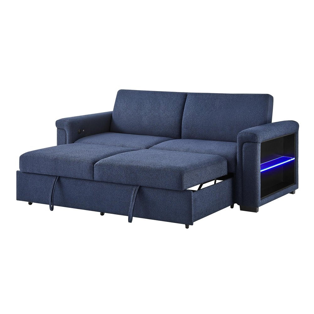 85" Navy Blue Upholstered USB Sleeper Sofa With Toss Pillows And Storage