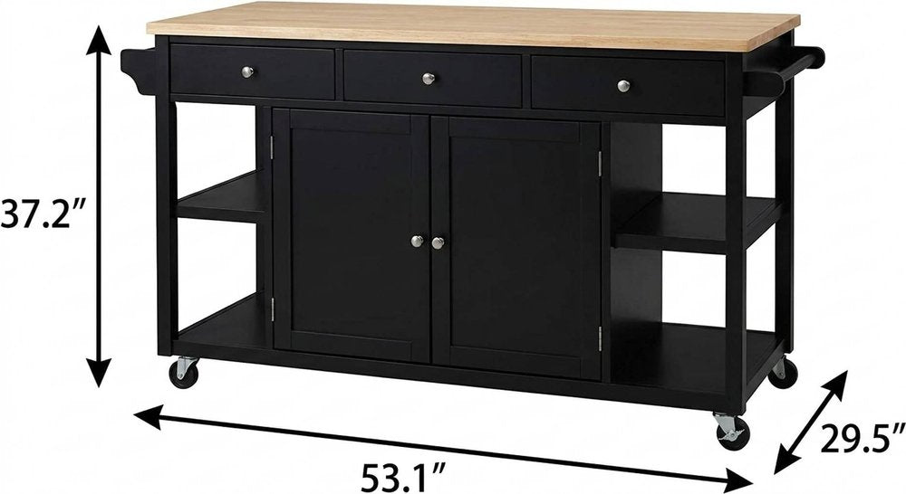 53" Brown and Black Wood Flat Door Rolling Kitchen Cart With Storage