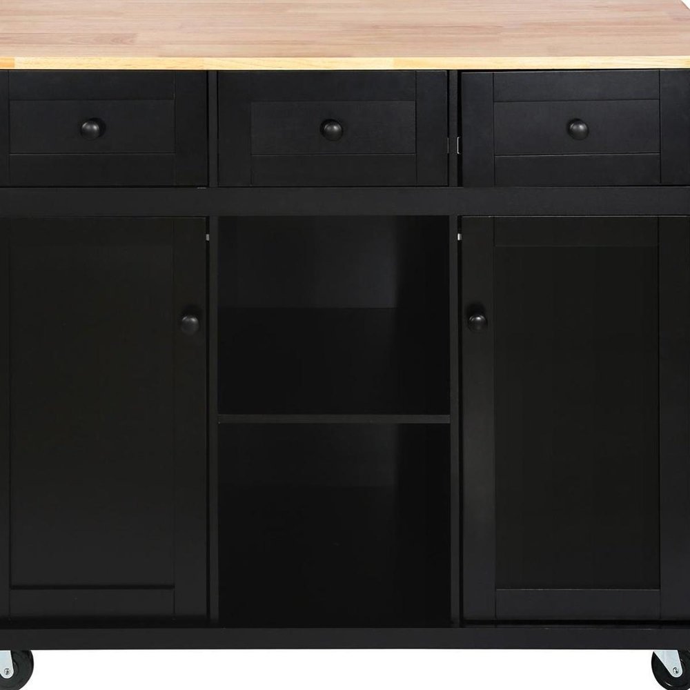 53" Brown and Black Wood Flat Door Rolling Kitchen Cart With Storage