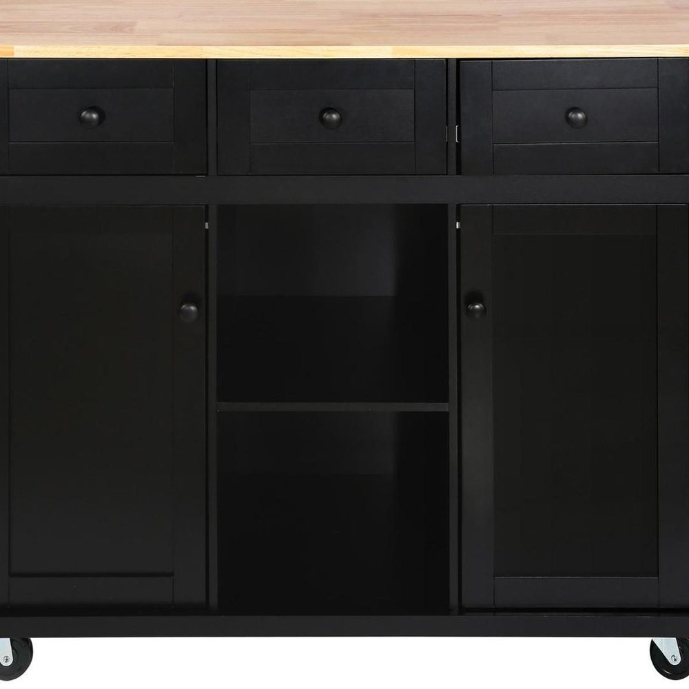 53" Brown and Black Wood Flat Door Rolling Kitchen Cart With Storage
