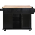 53" Brown and Black Wood Flat Door Rolling Kitchen Cart With Storage. Kitchen cart isolated on a plain white background, showing a black wood surface.