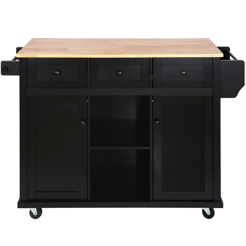 Black kitchen cart with a butcher block top and three drawers, two cabinets, and open shelving on wheels.