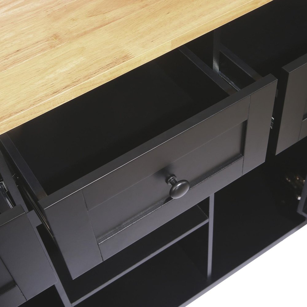 53" Brown and Black Wood Flat Door Rolling Kitchen Cart With Storage
