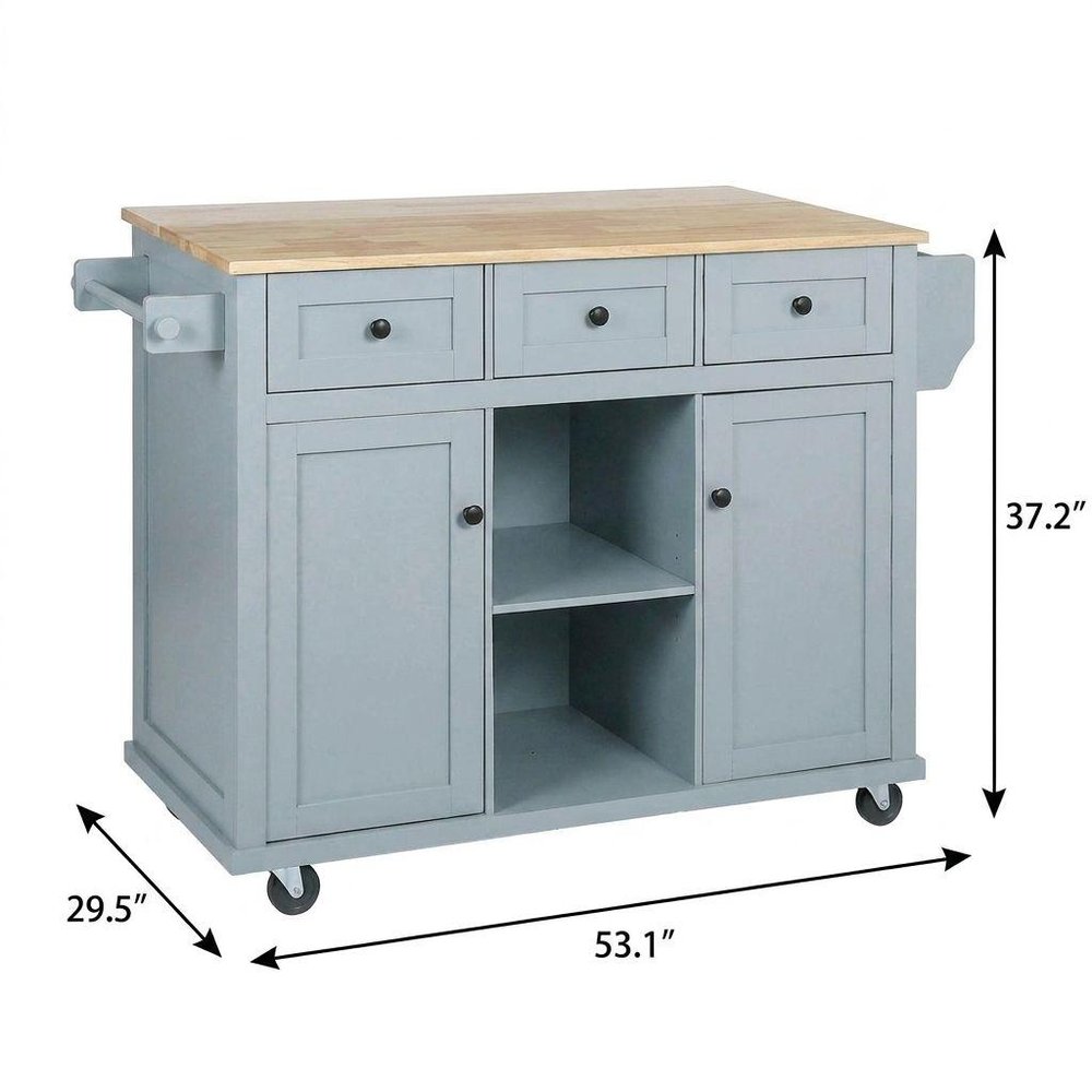 53" Brown and Blue Wood Flat Door Rolling Kitchen Cart With Storage