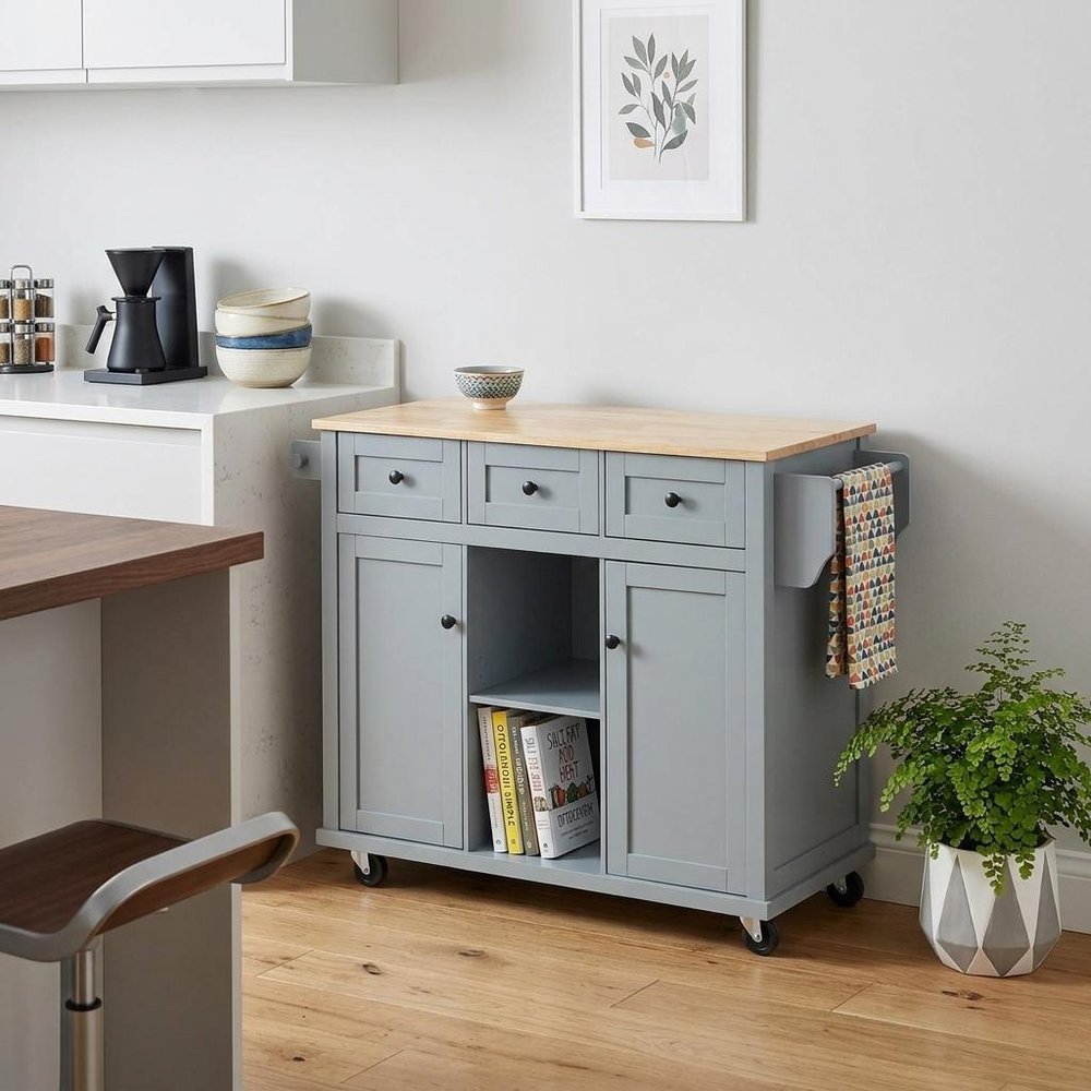53" Brown and Blue Wood Flat Door Rolling Kitchen Cart With Storage