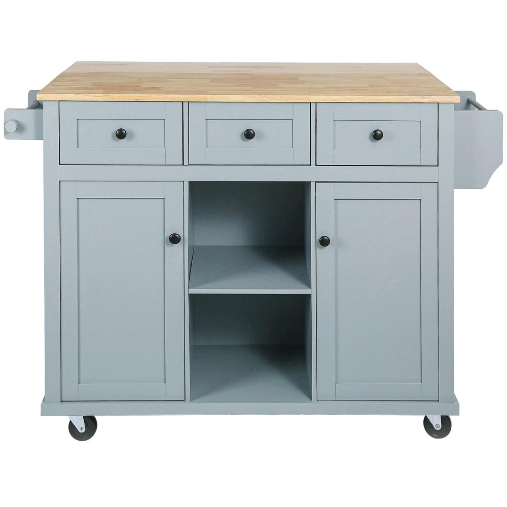 A blue kitchen cart with a butcher block top and three drawers above two cabinets and open shelving, on wheels.