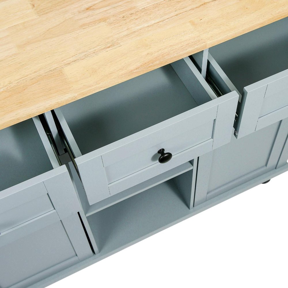 53" Brown and Blue Wood Flat Door Rolling Kitchen Cart With Storage