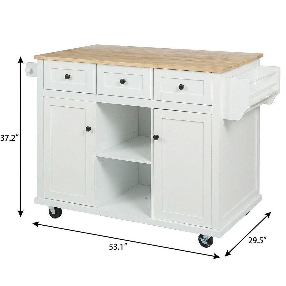 53" Brown and White Wood Flat Door Rolling Kitchen Cart With Storage
