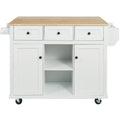 53" Brown and White Wood Flat Door Rolling Kitchen Cart With Storage. Kitchen cart isolated on a plain white background, showing a white wood surface.