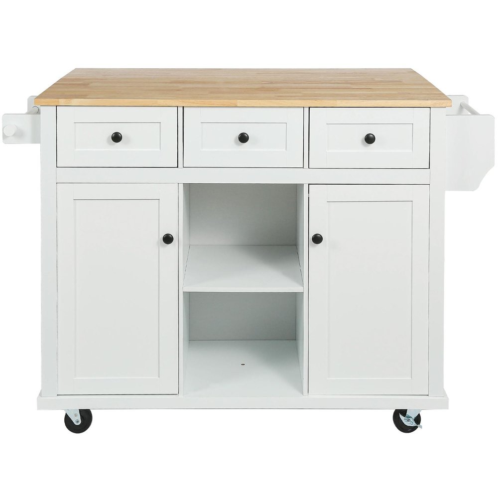 53" Brown and White Wood Flat Door Rolling Kitchen Cart With Storage