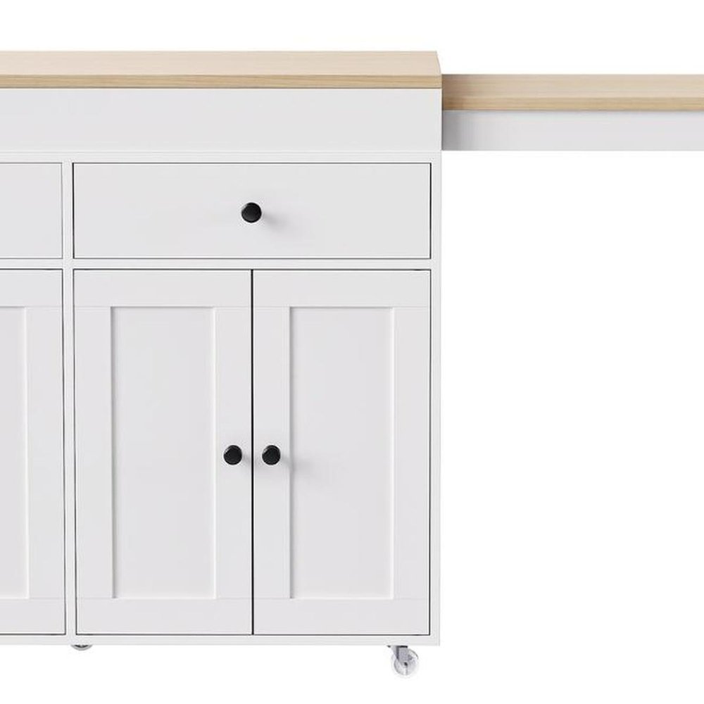 51" Brown and White Wood Flat Door Rolling Kitchen Cart. Kitchen cart isolated on a plain white background, in a white wood finish.