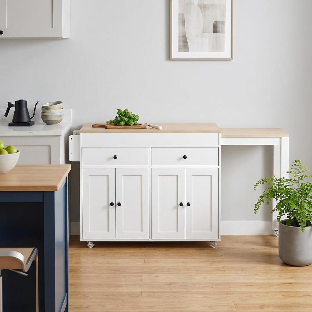 51" Brown and White Wood Flat Door Rolling Kitchen Cart styled in a furnished interior with an off-white wall on a wood floor.