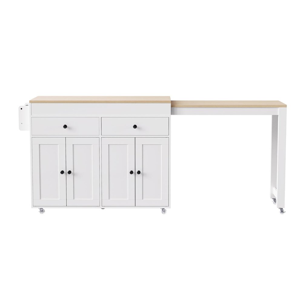White kitchen cart with two drawers and four cabinet doors, featuring a pull-out brown wood countertop on casters against a white background.