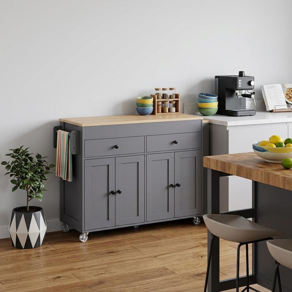 51" Brown and Gray Wood Flat Door Rolling Kitchen Cart