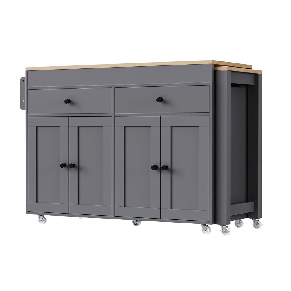 Gray wood kitchen cart with a butcher block top and four doors, two drawers, and casters on a white background.