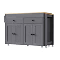 51" Brown and Gray Wood Flat Door Rolling Kitchen Cart. Kitchen cart isolated on a plain white background, showing a gray wood surface.