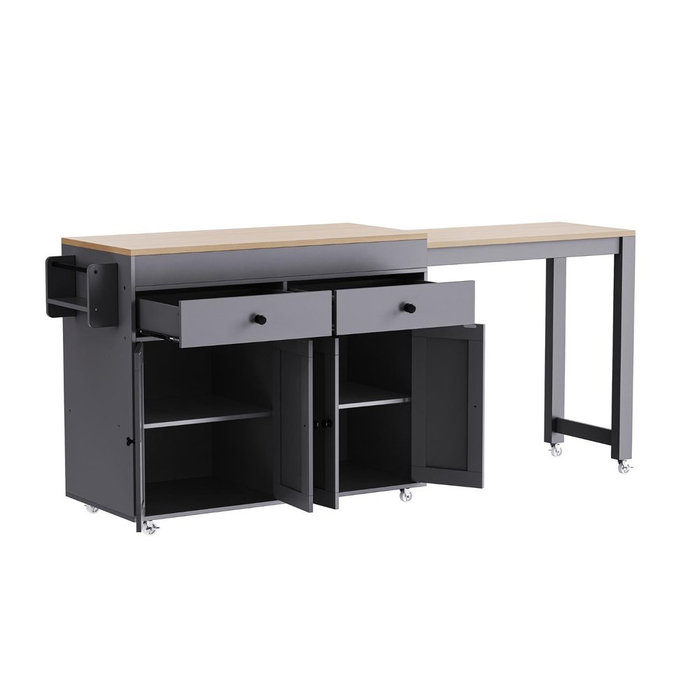 51" Brown and Gray Wood Flat Door Rolling Kitchen Cart