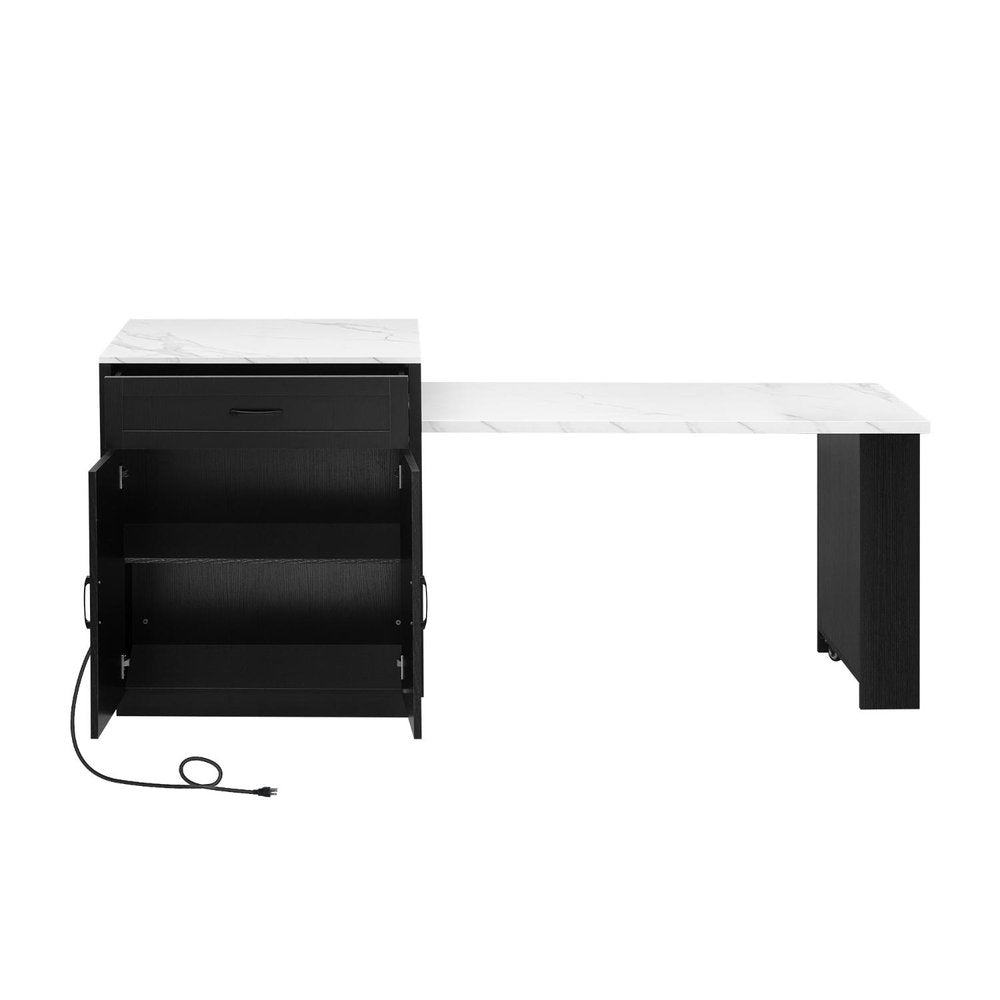 Black and white marble top kitchen cart with open brown wood doors and a black drawer on a white background.