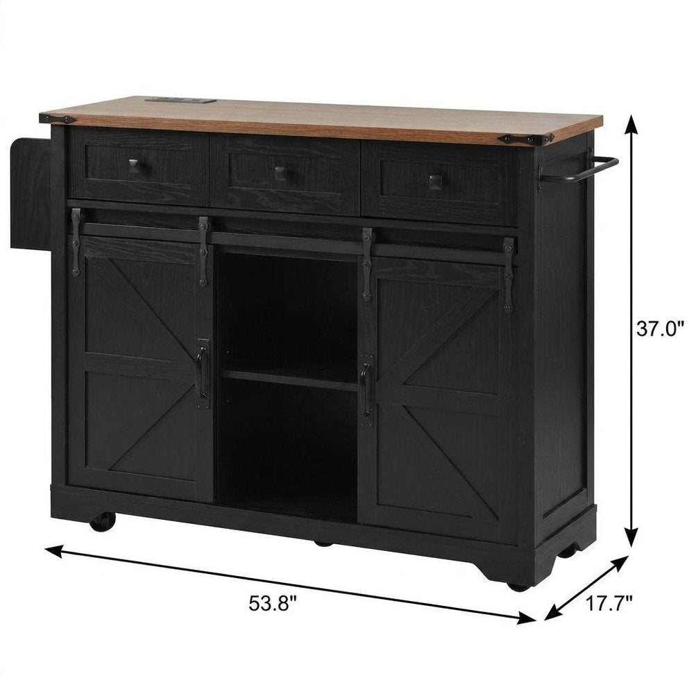 54" Brown and Black Wood Flat Door Rolling Kitchen Cart With Storage With USB