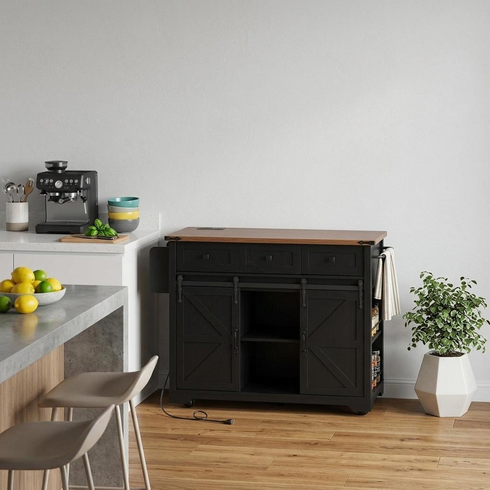 54" Brown and Black Wood Flat Door Rolling Kitchen Cart With Storage With USB
