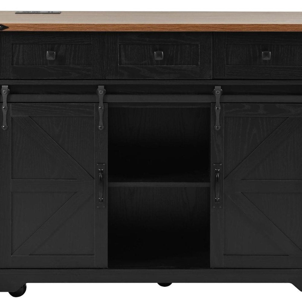 54" Brown and Black Wood Flat Door Rolling Kitchen Cart With Storage With USB