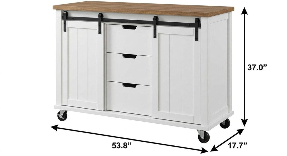 54" Brown and White Wood Flat Door Rolling Kitchen Cart With Storage With USB