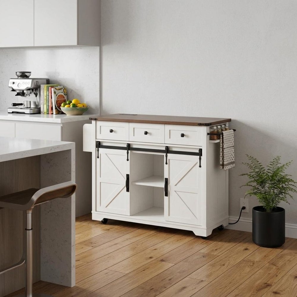 54" Brown and White Wood Flat Door Rolling Kitchen Cart With Storage With USB