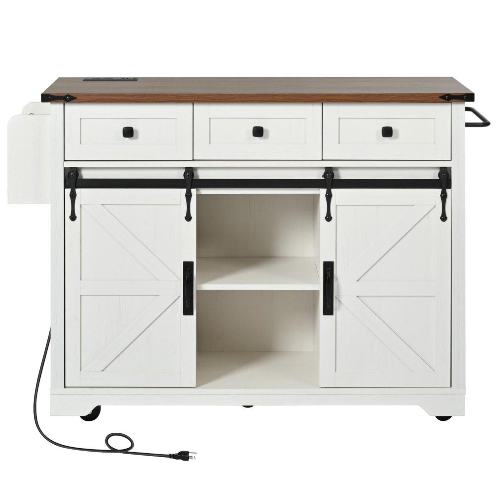 White kitchen cart with brown wood top, three drawers, and sliding barn doors on a black track, with a visible power cord.
