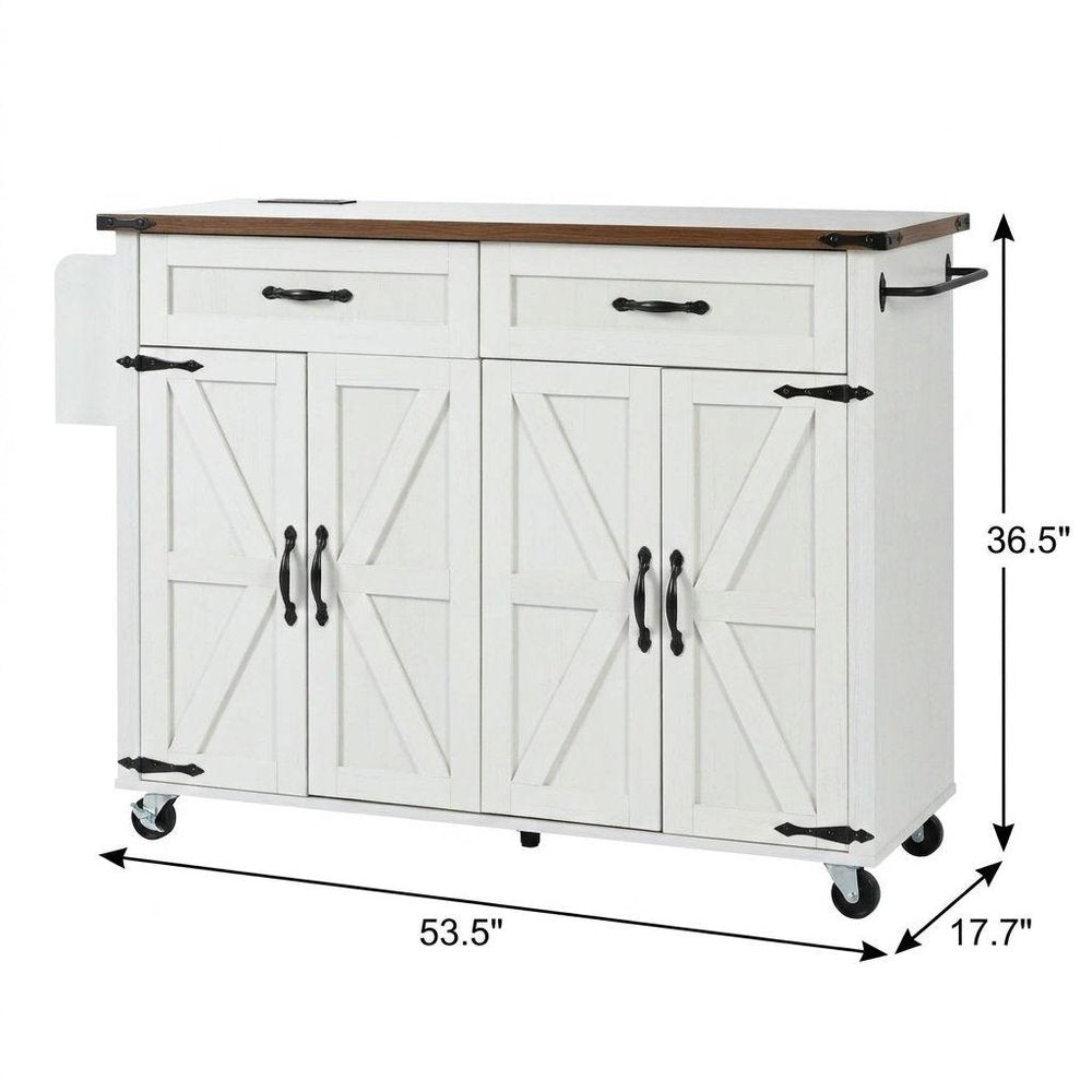 54" Brown and White Wood Flat Door Rolling Kitchen Cart With USB