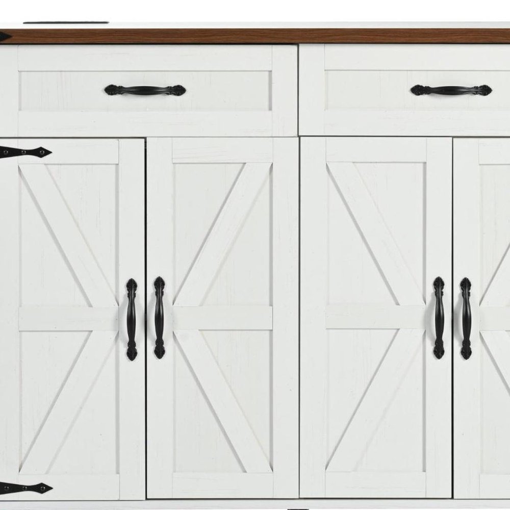 54" Brown and White Wood Flat Door Rolling Kitchen Cart With USB