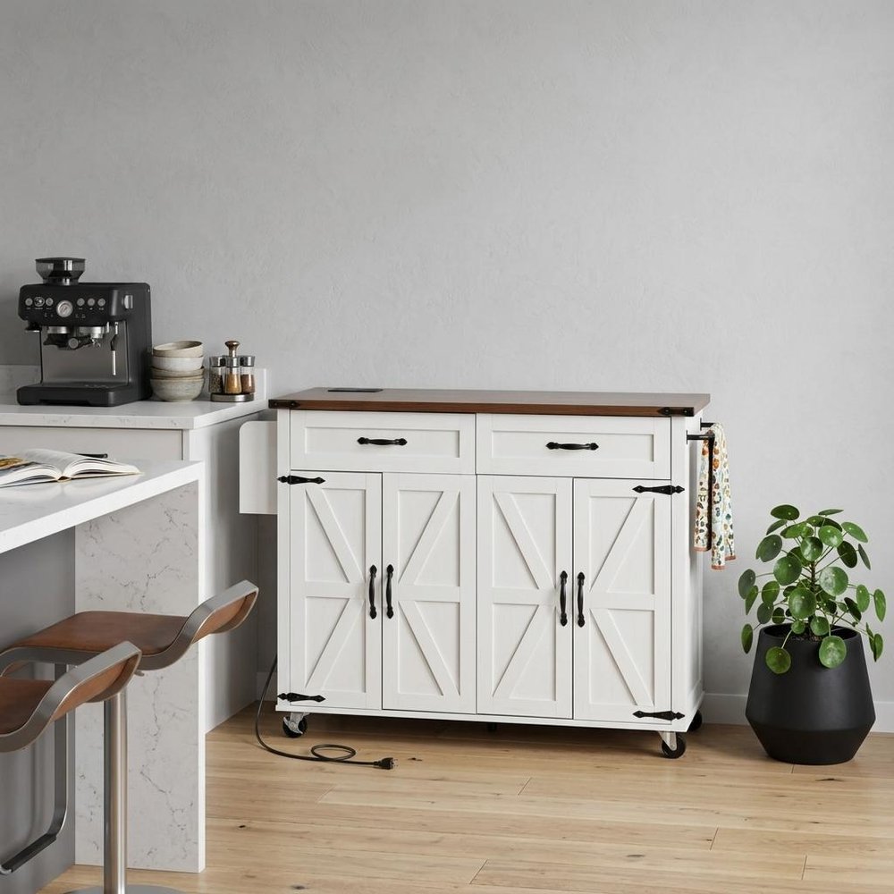 54" Brown and White Wood Flat Door Rolling Kitchen Cart With USB