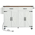 54" Brown and White Wood Flat Door Rolling Kitchen Cart With USB. Kitchen cart isolated on a plain white background, finished in white wood.