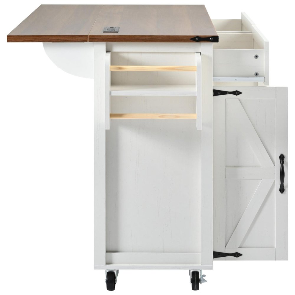 54" Brown and White Wood Flat Door Rolling Kitchen Cart With USB