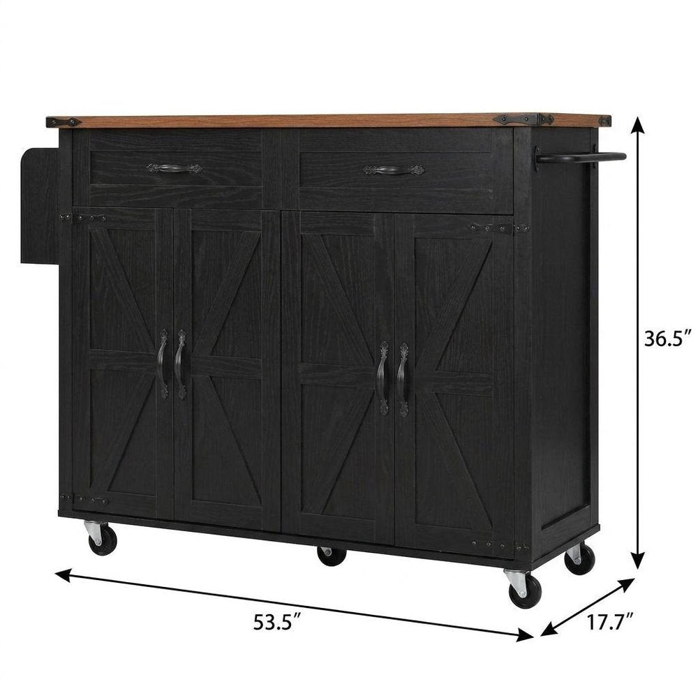54" Brown and Black Wood Flat Door Rolling Kitchen Cart With USB