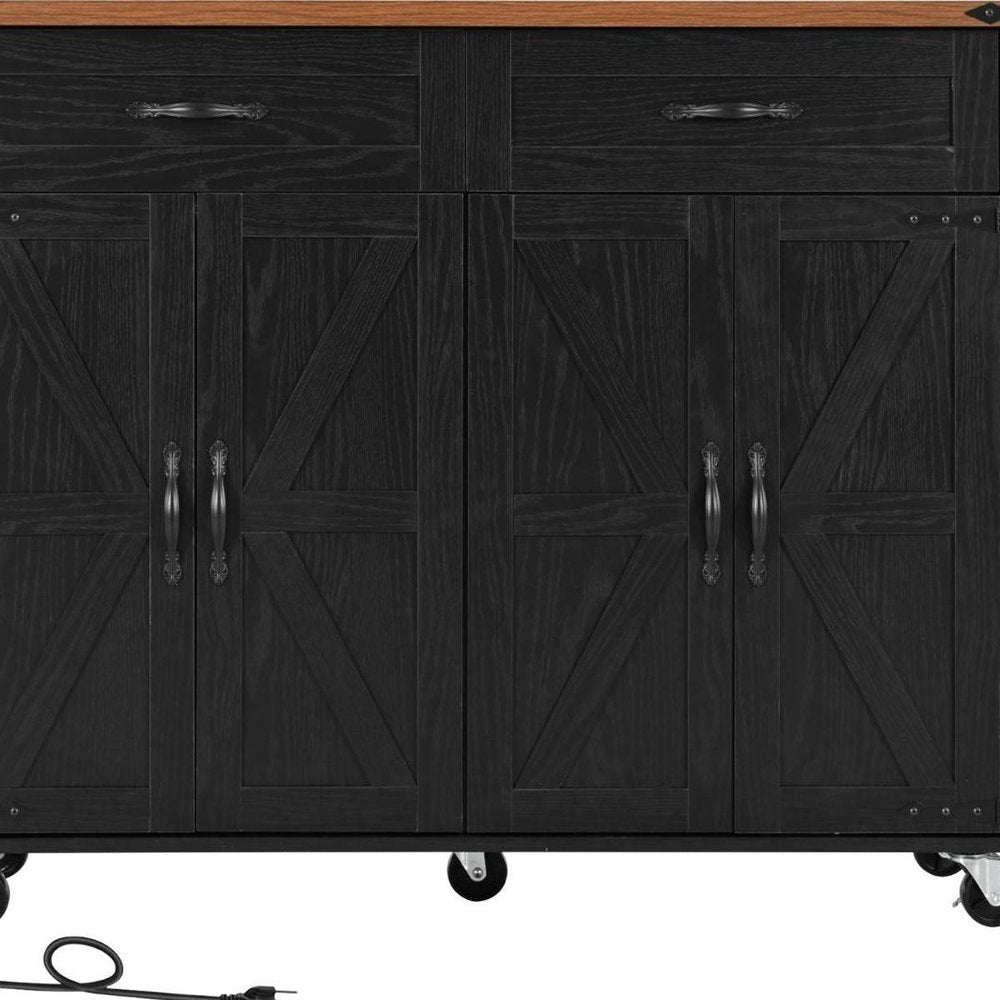 54" Brown and Black Wood Flat Door Rolling Kitchen Cart With USB