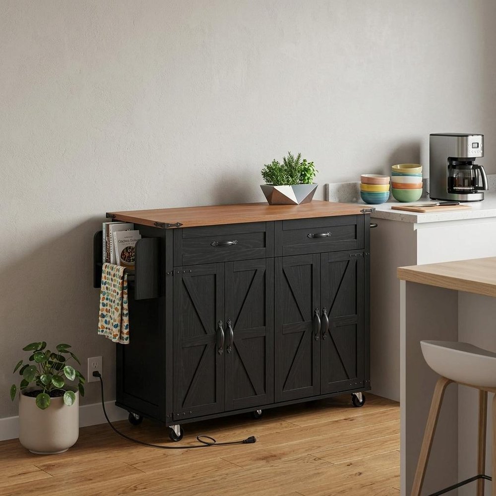 54" Brown and Black Wood Flat Door Rolling Kitchen Cart With USB