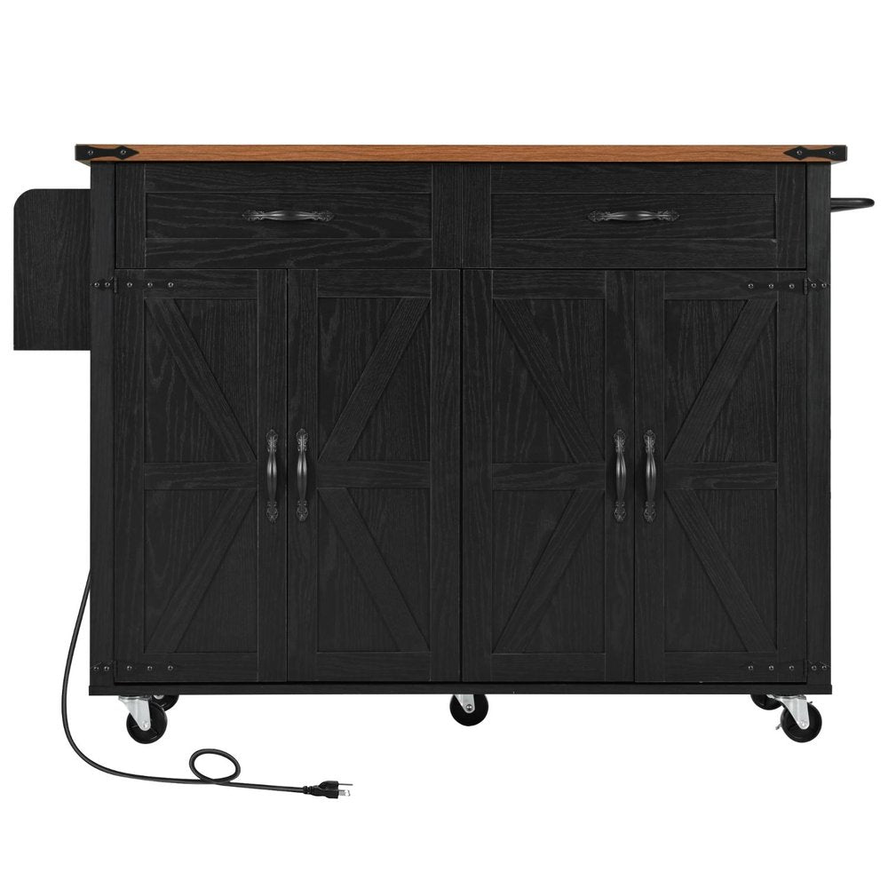 Black wood kitchen cart with a brown wood top, four barn-style doors, two drawers, and wheels.