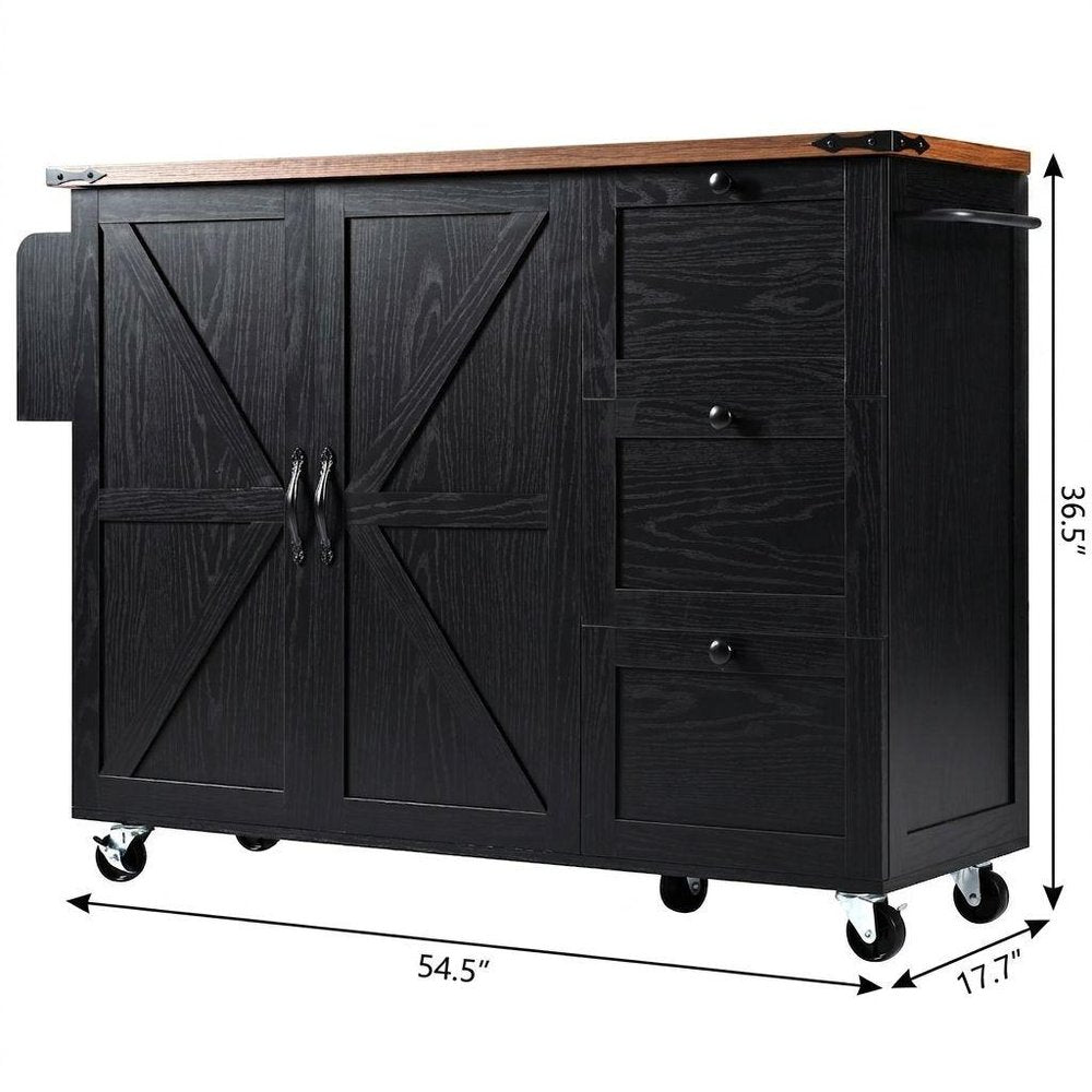 55" Brown and Black Wood Flat Door Rolling Kitchen Cart With Storage With USB