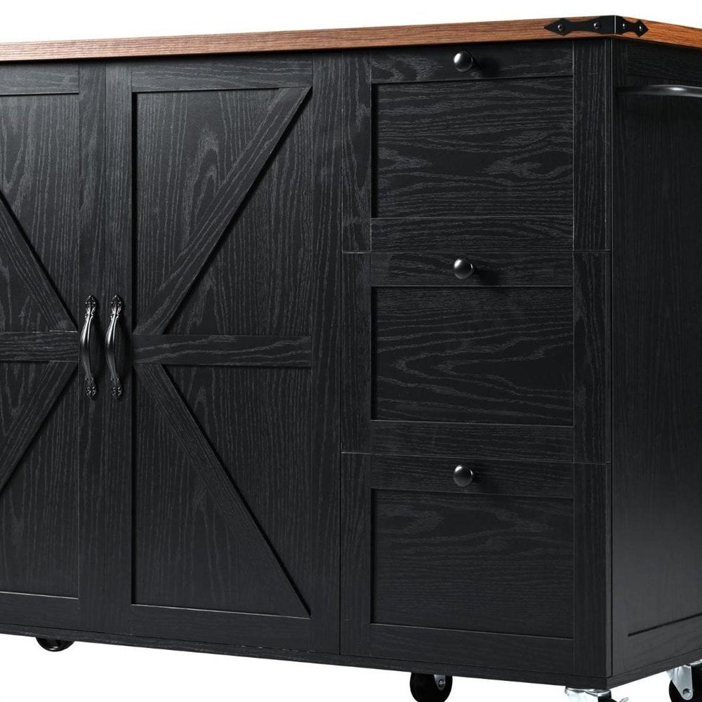 55" Brown and Black Wood Flat Door Rolling Kitchen Cart With Storage With USB