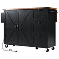 55" Brown and Black Wood Flat Door Rolling Kitchen Cart With Storage With USB. Kitchen cart isolated on a plain white background, showing a black wood surface.