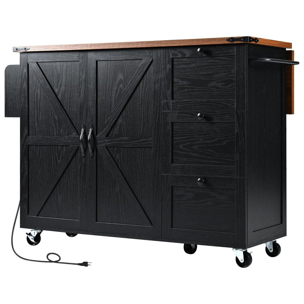 55" Brown and Black Wood Flat Door Rolling Kitchen Cart With Storage With USB