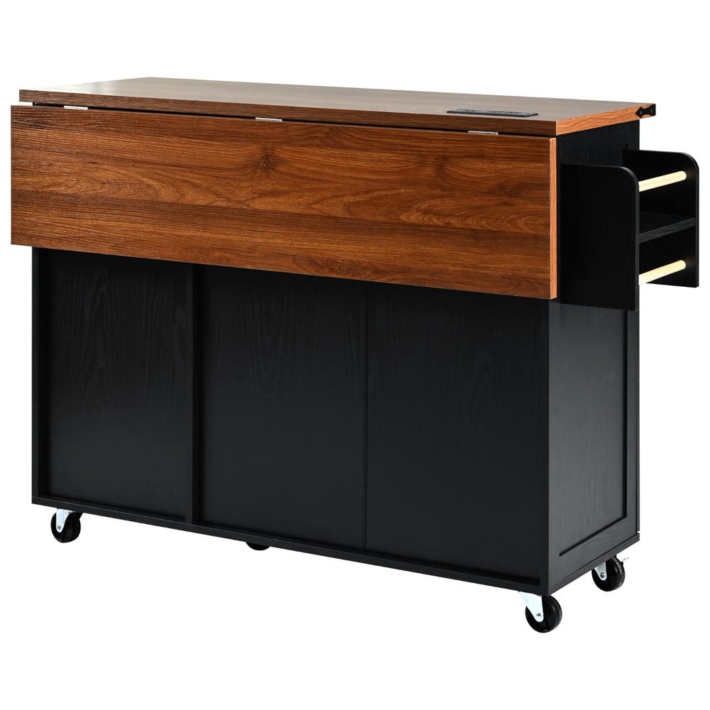 55" Brown and Black Wood Flat Door Rolling Kitchen Cart With Storage With USB