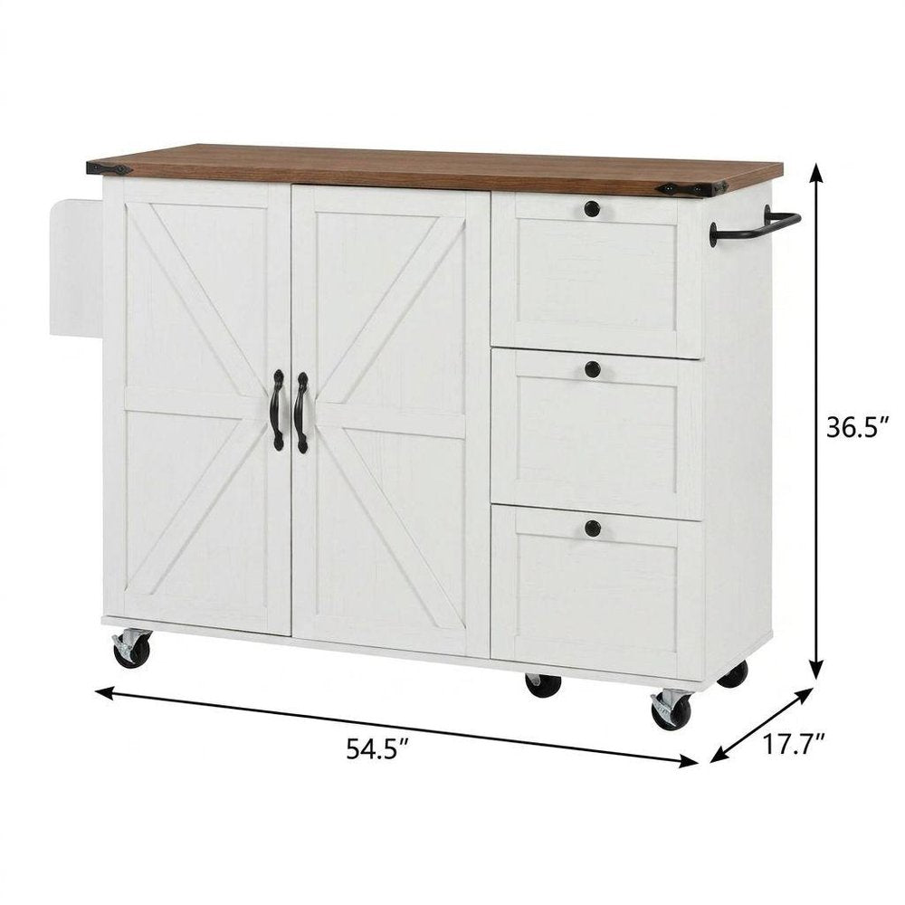 55" Brown and White Wood Flat Door Rolling Kitchen Cart With Storage With USB