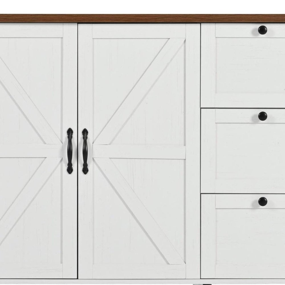 55" Brown and White Wood Flat Door Rolling Kitchen Cart With Storage With USB