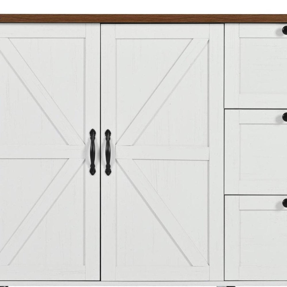 55" Brown and White Wood Flat Door Rolling Kitchen Cart With Storage With USB