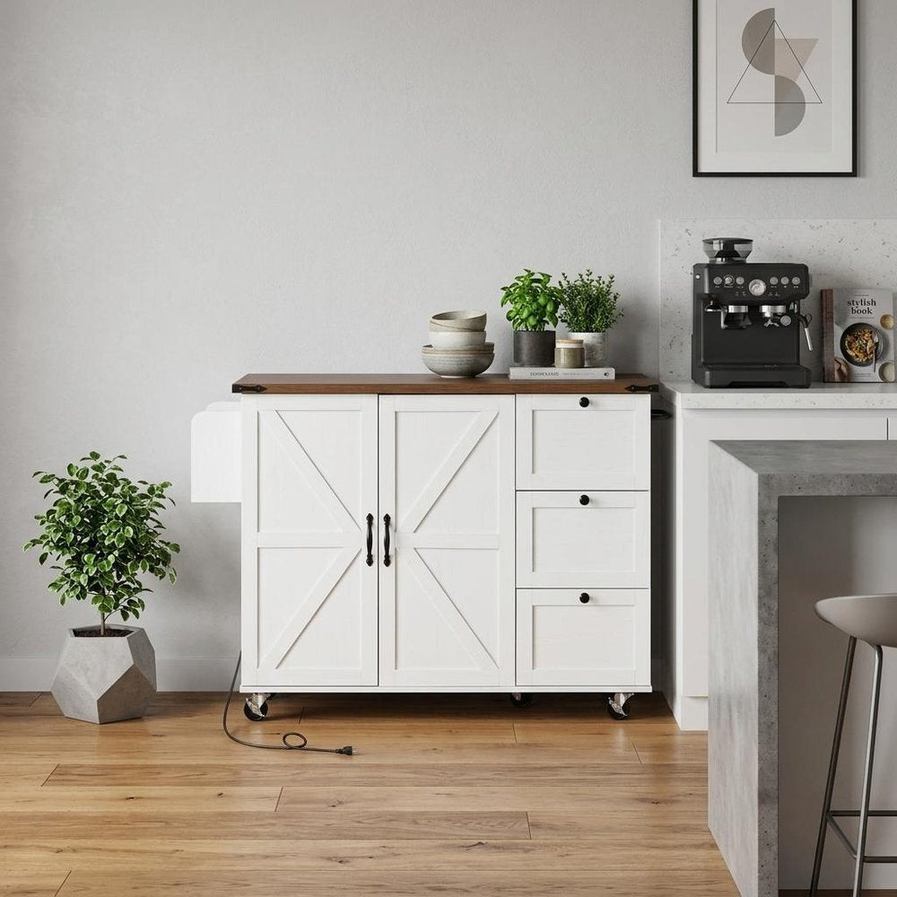 55" Brown and White Wood Flat Door Rolling Kitchen Cart With Storage With USB