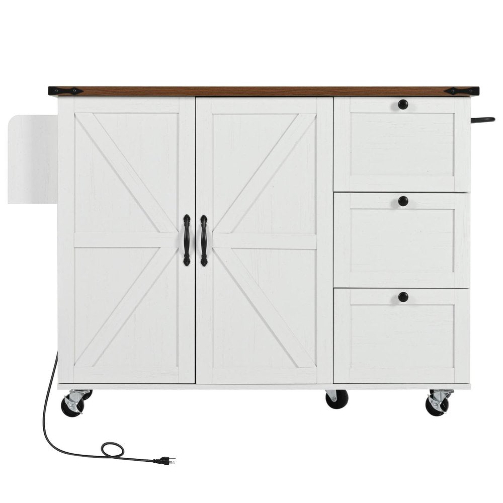 White rolling kitchen cart with brown wood top, barn doors, three drawers, and a side panel.