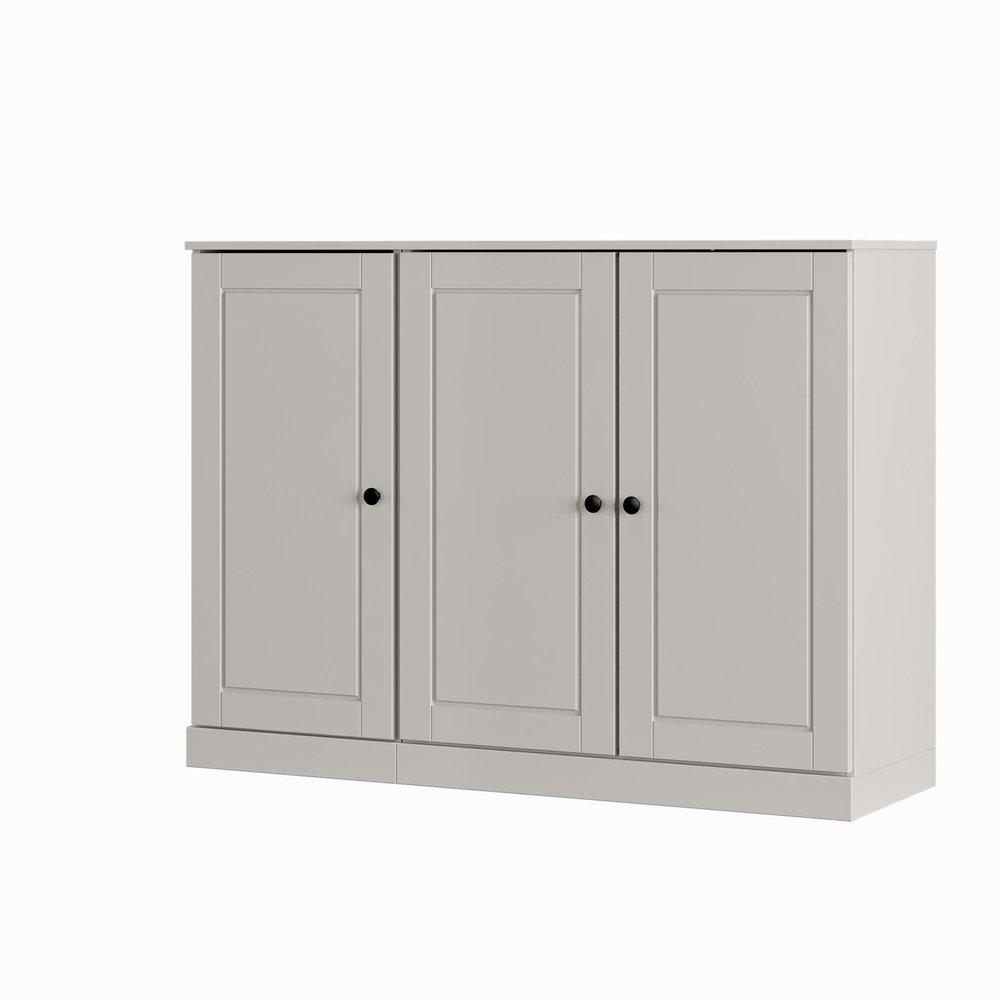 Off-white three-door solid wood shoe storage cabinet with black knobs against a white background.